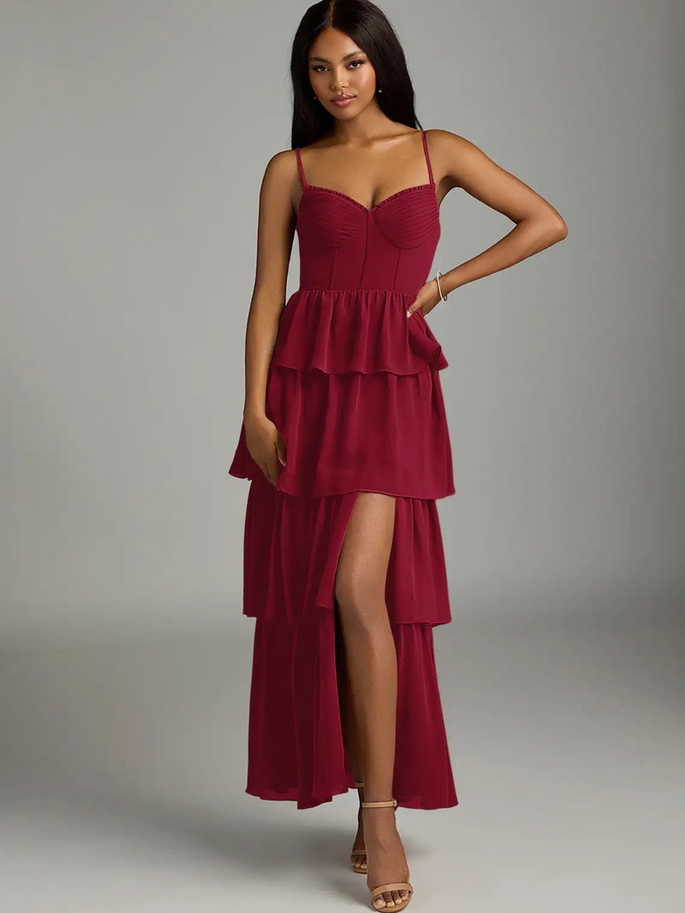 Azazie Burgundy Tiered Ruffle Maxi Dress